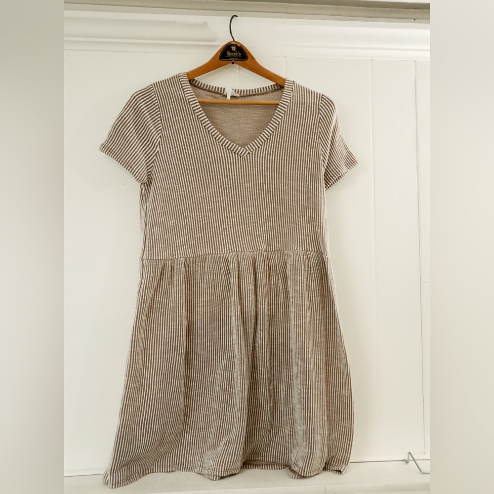 Caution To The Wind Taupe and White Striped Dress